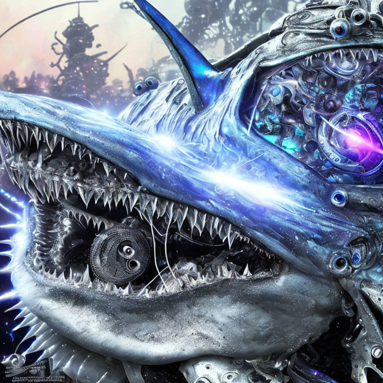 Detailed futuristic mechanical shark-like entity with sharp teeth and glowing blue elements.