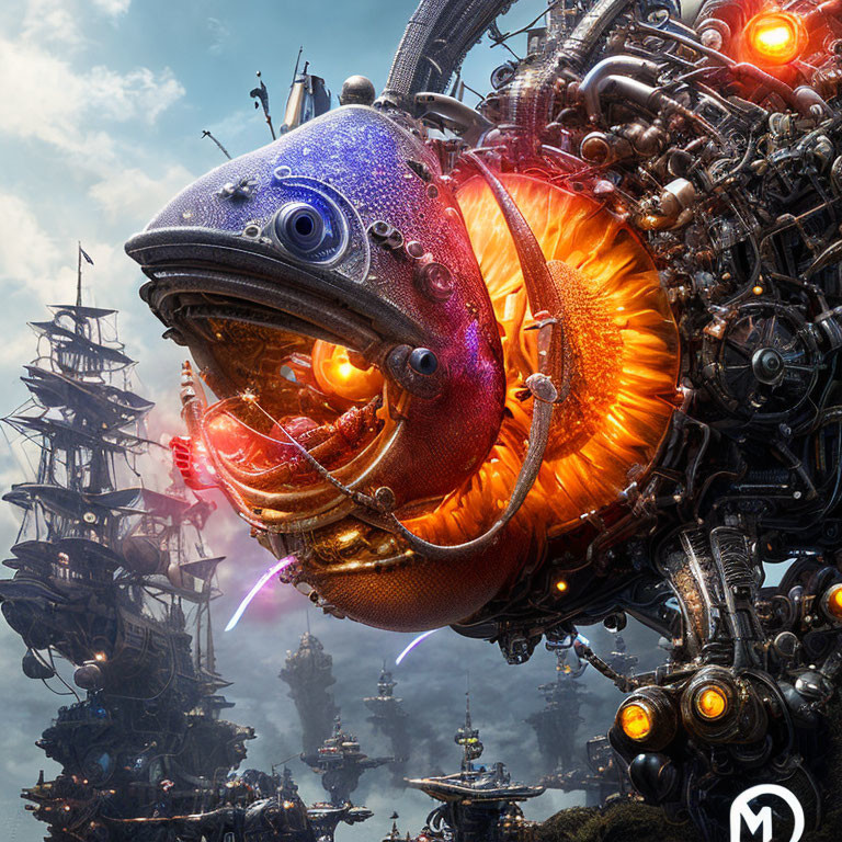 Steampunk fish with intricate machinery and airship backdrop