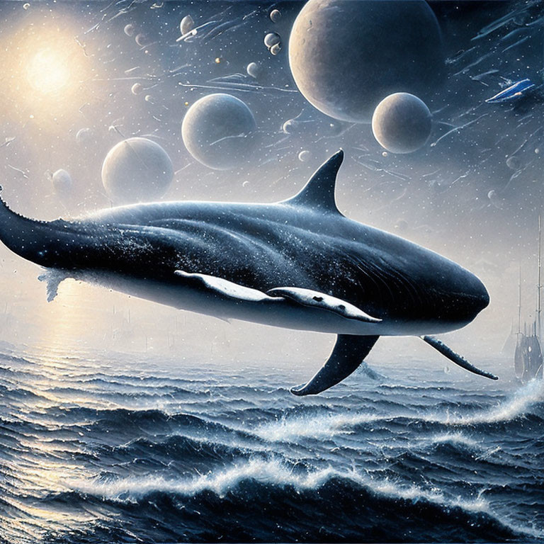 Whale flying over ocean waves with surreal sky, moons, ship, and celestial bodies
