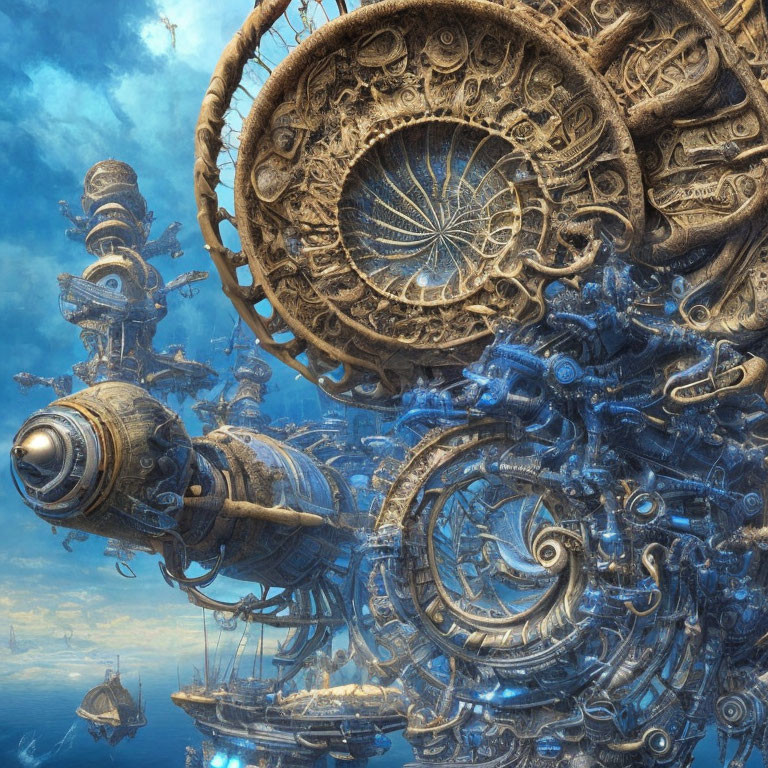Intricate Fantasy Steampunk City with Bronze Gears and Airships