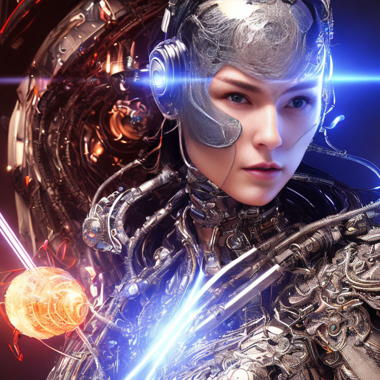 Detailed Female Cyborg with Glowing Blue Elements on Illuminated Background
