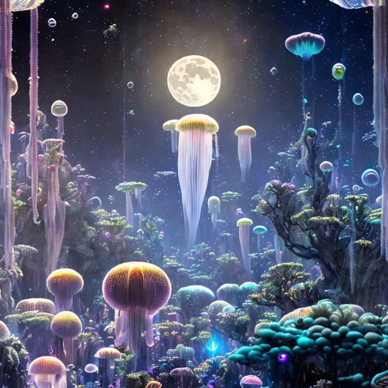 Bioluminescent forest with jellyfish-like creatures under full moon