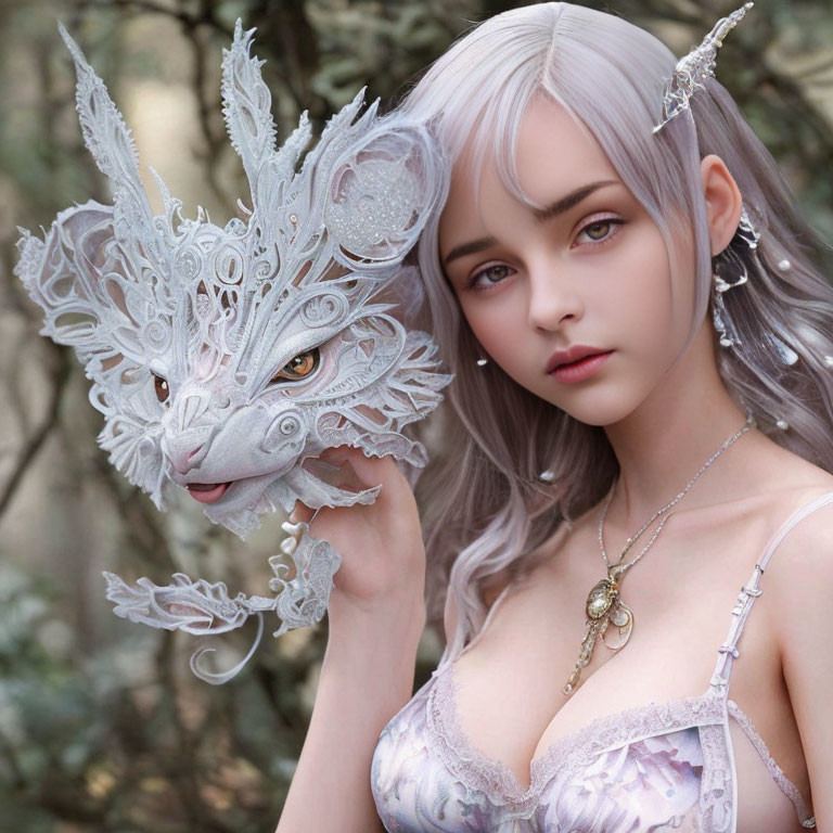 Silver-haired woman wears ornate dragon mask in fantasy setting