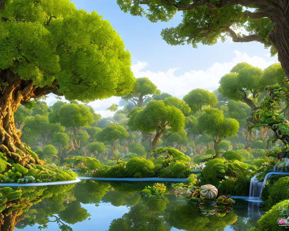 Tranquil forest scene with lush greenery, stream, waterfall, and vibrant flora