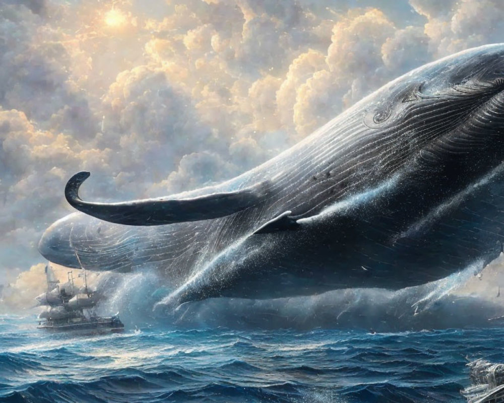 Gigantic whale breaching stormy ocean waves near small ship