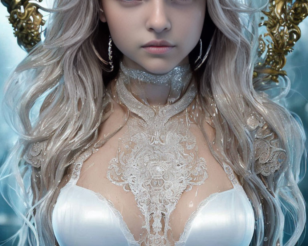 Digital artwork of a woman with silver-white hair, icy blue eyes, and fair skin, adorned with
