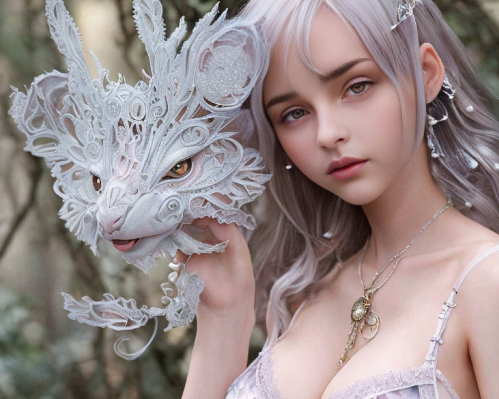 Silver-haired woman wears ornate dragon mask in fantasy setting