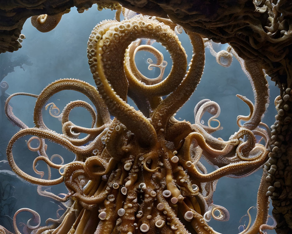 Octopus with Long Tentacles in Underwater Rock Formation