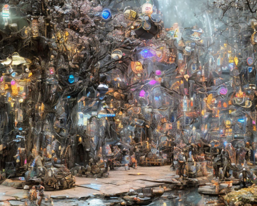 Enchanted tree village with lanterns, blossoms, stone paths in foggy setting