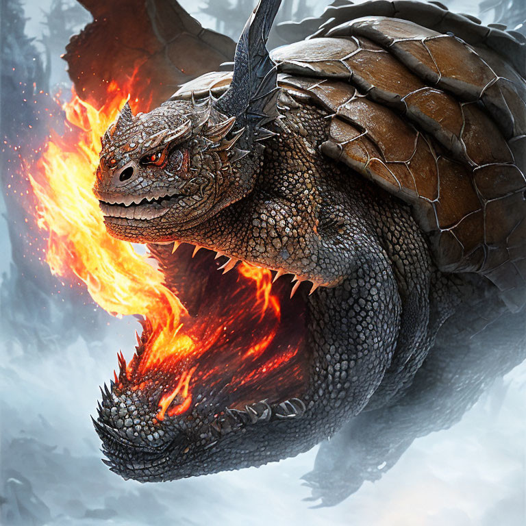 Majestic dragon breathing fire in snowy scenery