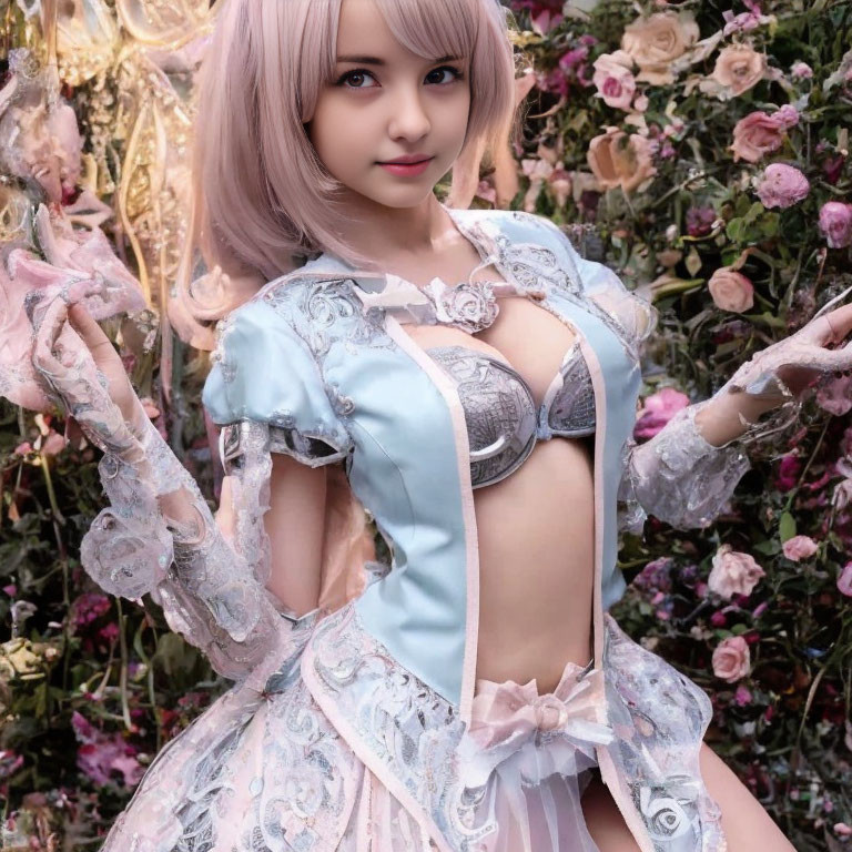 Cosplayer in Light Blue and Pink Outfit with Lace Details and Pink Rose Backdrop