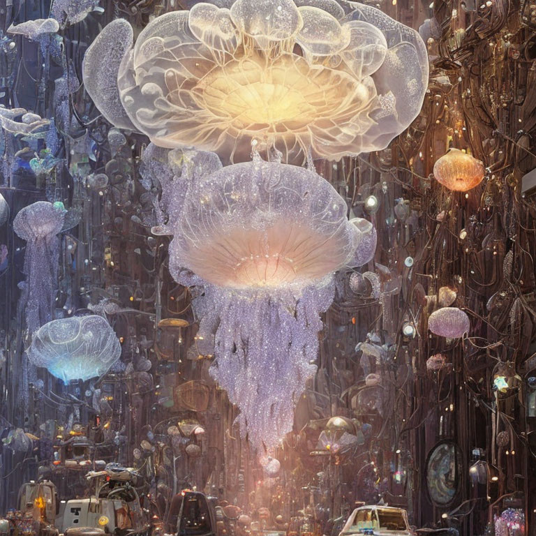 Bioluminescent jellyfish over urban street with cars and streetlights