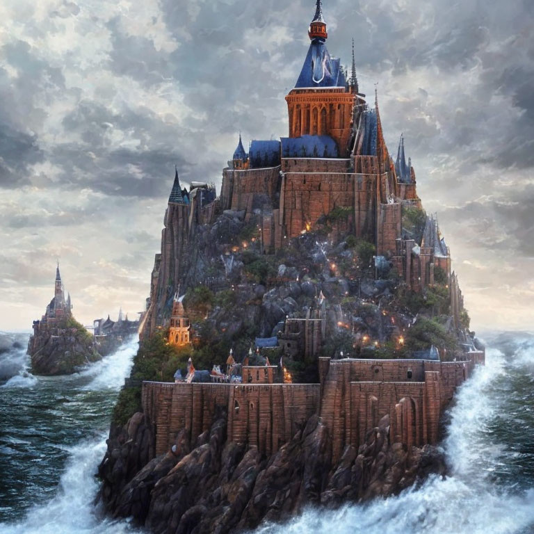 Majestic castle on rugged cliff with stormy sea and dramatic sky