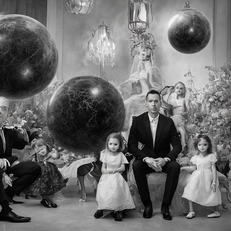 Monochrome photo of stylized family in room with hanging spheres and chandeliers