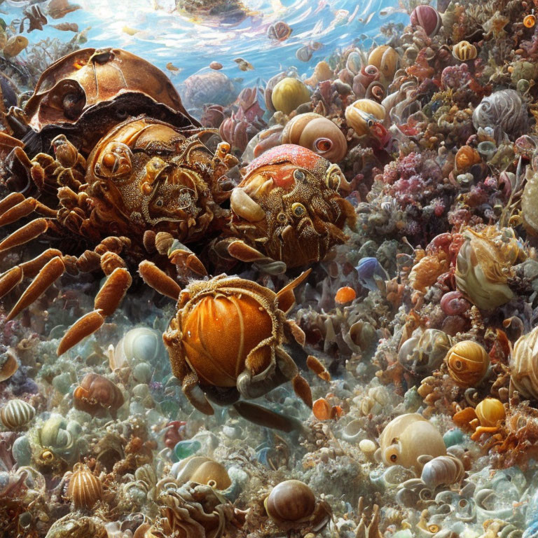 Detailed Underwater Scene with Colorful Crustaceans and Coral