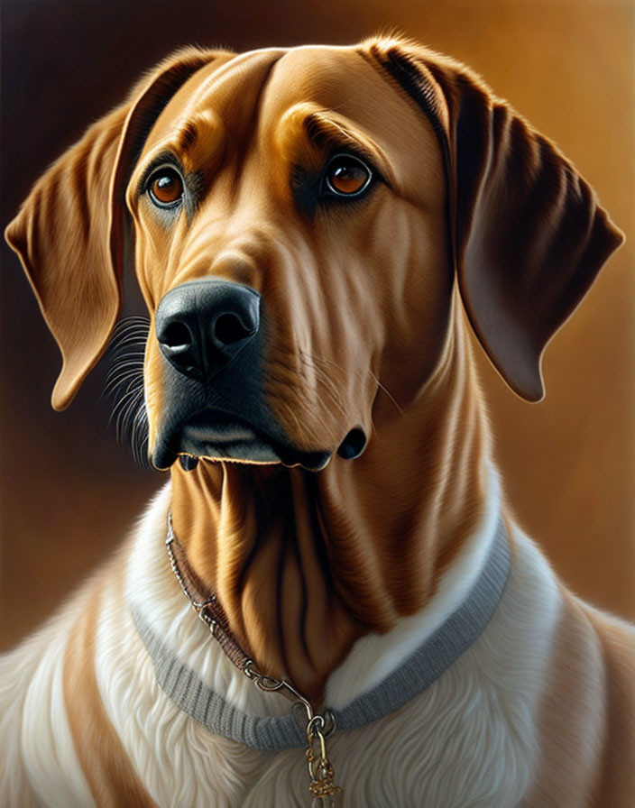 Realistic Brown Dog Painting with Soulful Eyes and Collar Pendant on Brown Background
