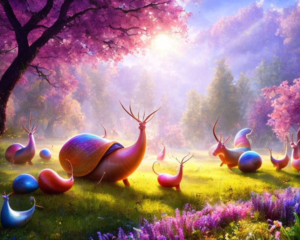 Colorful oversized snails in whimsical landscape with pink flowers and mystical sunlight.