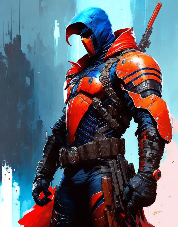 Futuristic warrior in blue and red armor with sword in somber stance