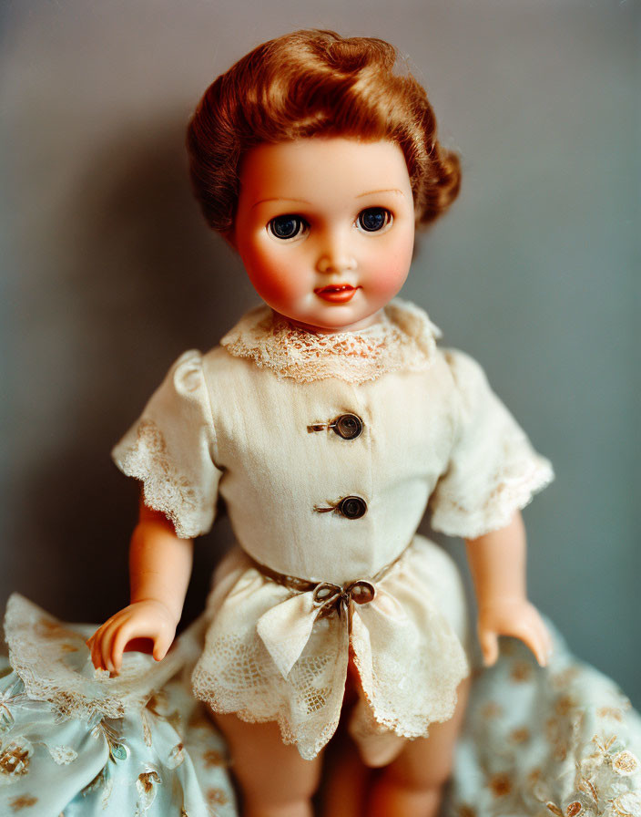 Vintage Brown-Haired Doll in Cream Blouse and Blue Floral Skirt