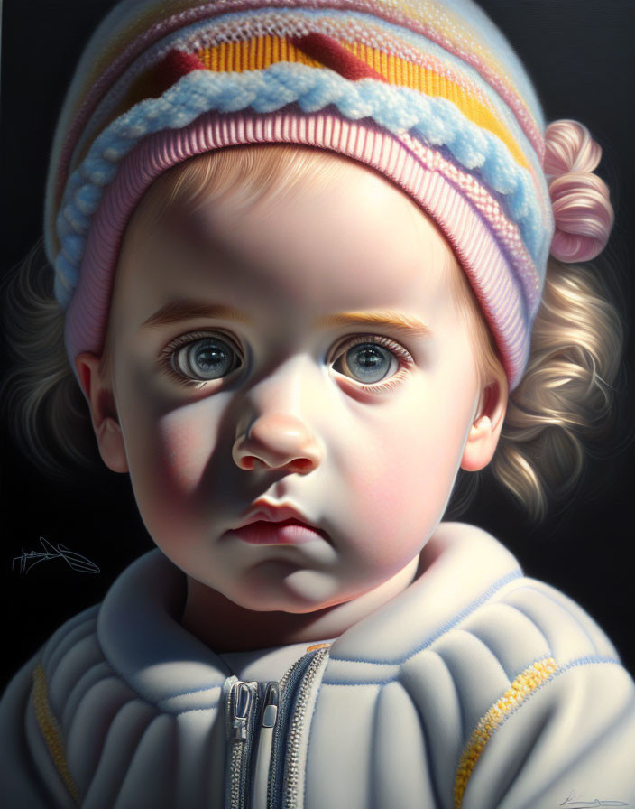 Detailed Photorealistic Toddler Portrait with Blue Eyes and Colorful Beanie