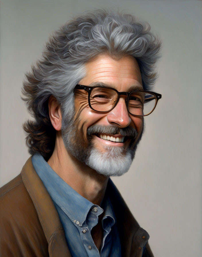 Smiling man with gray hair, beard, glasses, brown jacket, blue shirt