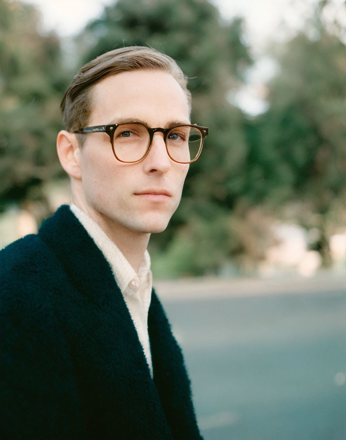 Man in Glasses Wearing Dark Jacket and Light Shirt gazes off-camera in soft focus setting