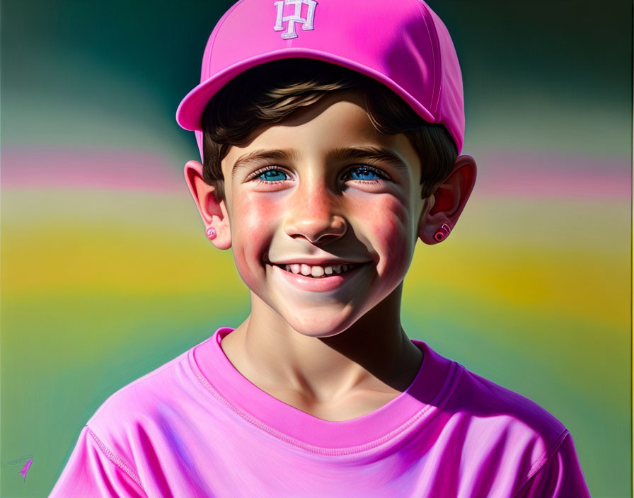 Smiling child with blue eyes in pink attire on vibrant backdrop