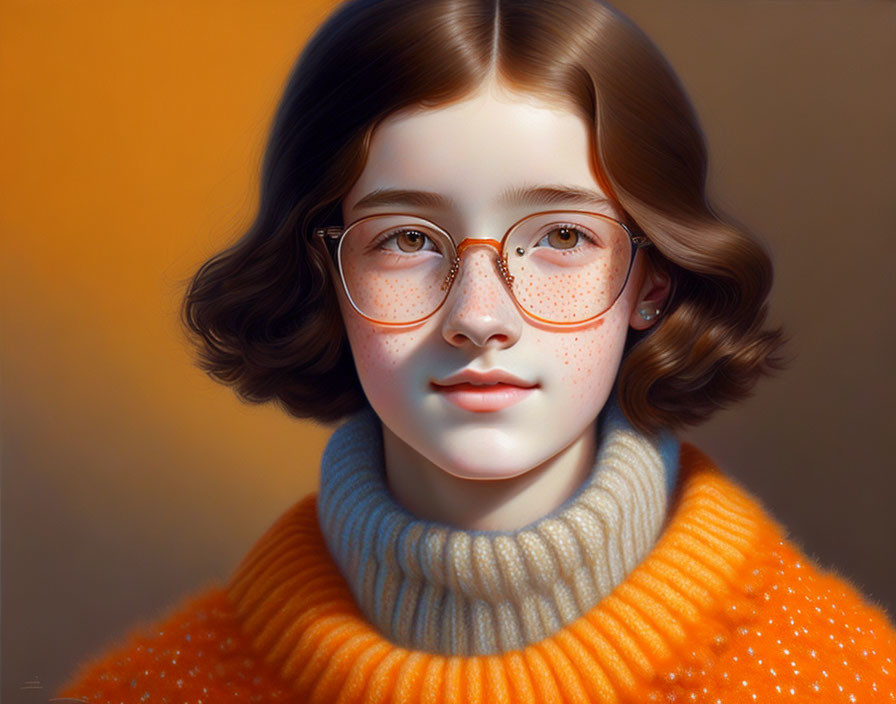 Young girl with brown hair and orange glasses in turtleneck sweater on warm background