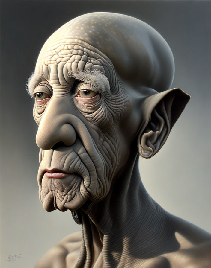 Detailed Illustration of Elderly Humanoid with Wrinkles and Sagging Ears