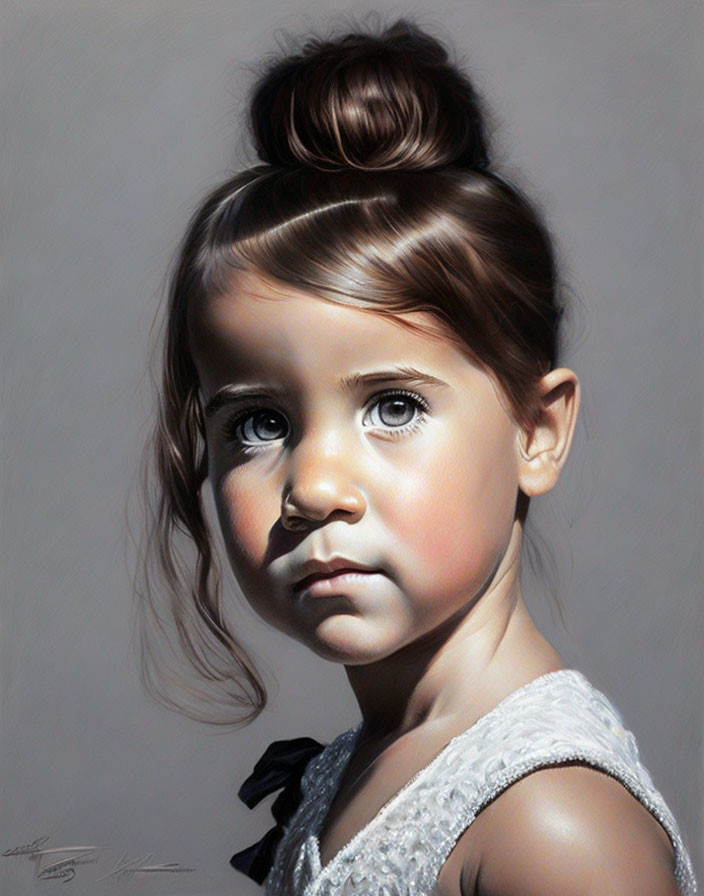 Realistic portrait of young girl with bun hairstyle and expressive eyes in white dress