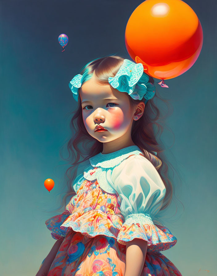 Young girl with balloons floating in the air 