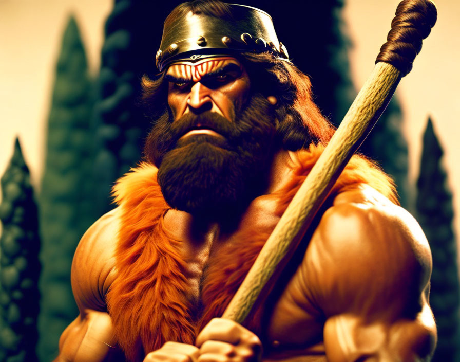Muscular, Bearded Warrior in Ancient Attire Holding Staff Among Tall Trees