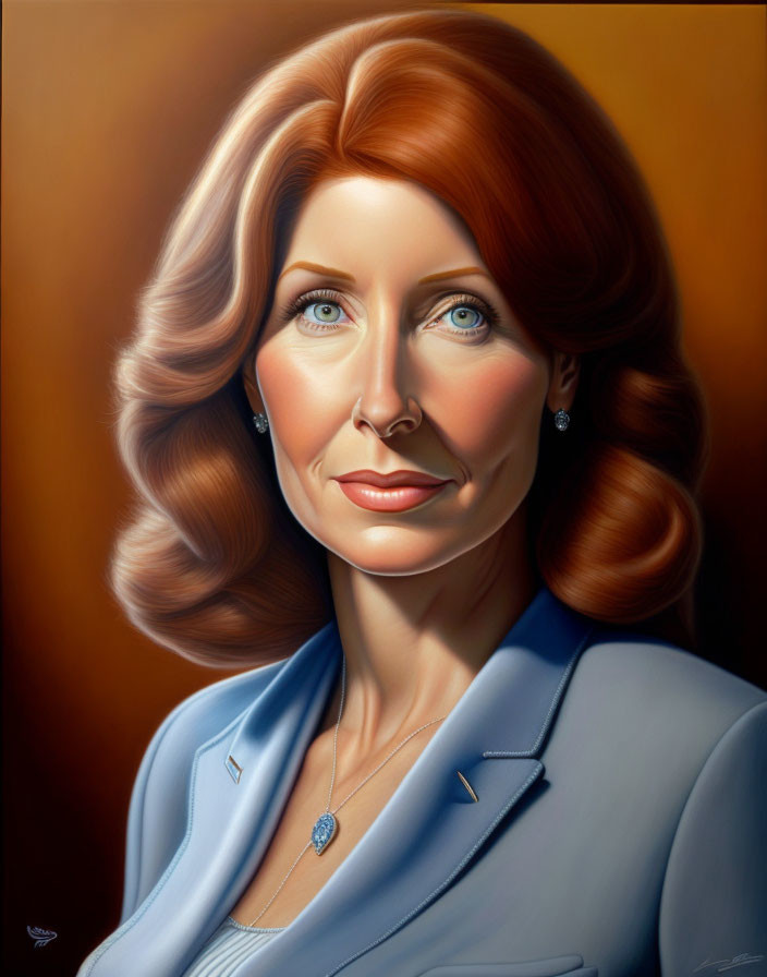 Portrait of a Woman with Auburn Hair and Blue Eyes in Blue Suit and Pearl Earrings