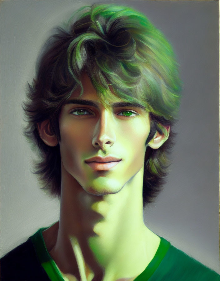 Young man with tousled brown hair and blue eyes in a green shirt