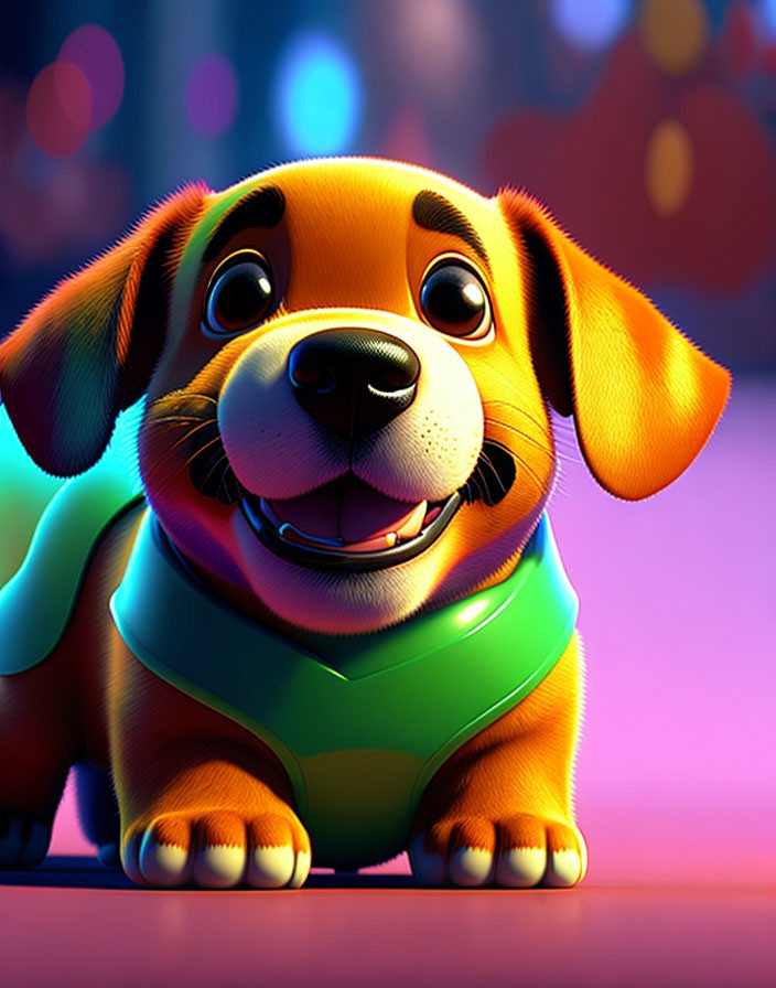 Smiling Puppy with Green Collar on Colorful Bokeh Background