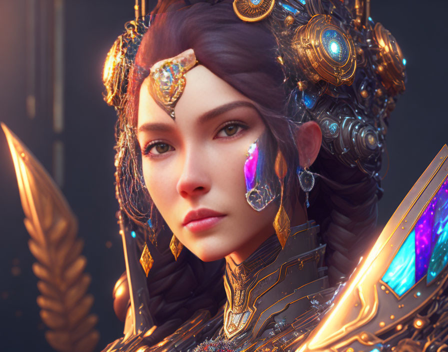 CGI portrait of woman in futuristic armor with gold and blue mechanical details
