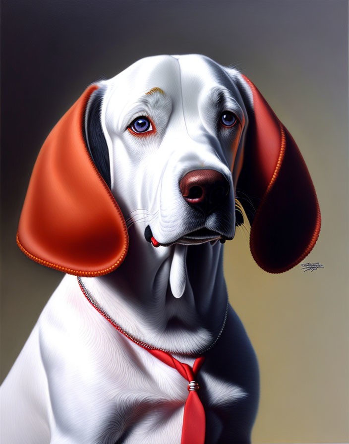 Realistic painting: White and brown dog with floppy ears and sad eyes, red collar, gray background