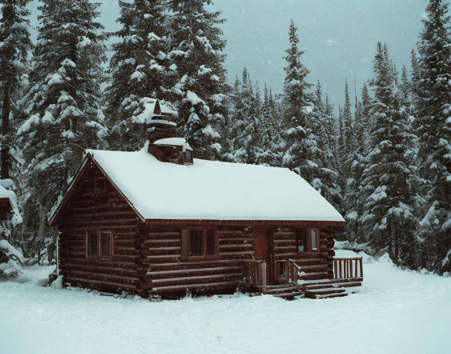 Snow-covered pine trees surround cozy wooden cabin in heavy snowfall