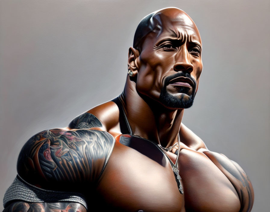 Muscular, tattooed man with goatee in digital art portrait