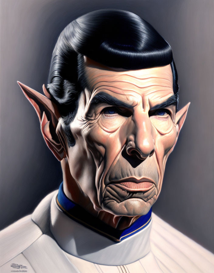 Male character with pointed ears in blue uniform with raised eyebrows.