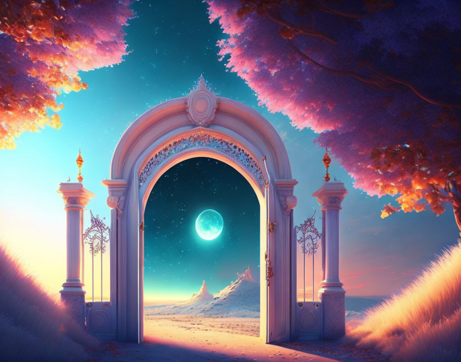 Ornate archway leading to surreal moonlit landscape with pink-leaved trees