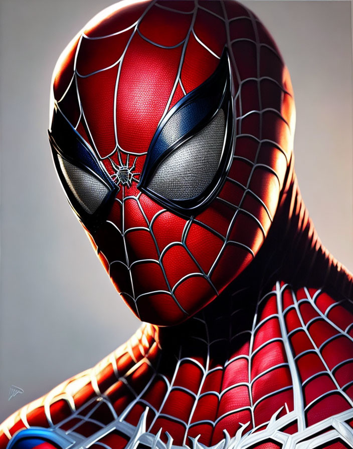 Detailed Spider-Man mask: red and black textures, web pattern, white eyes