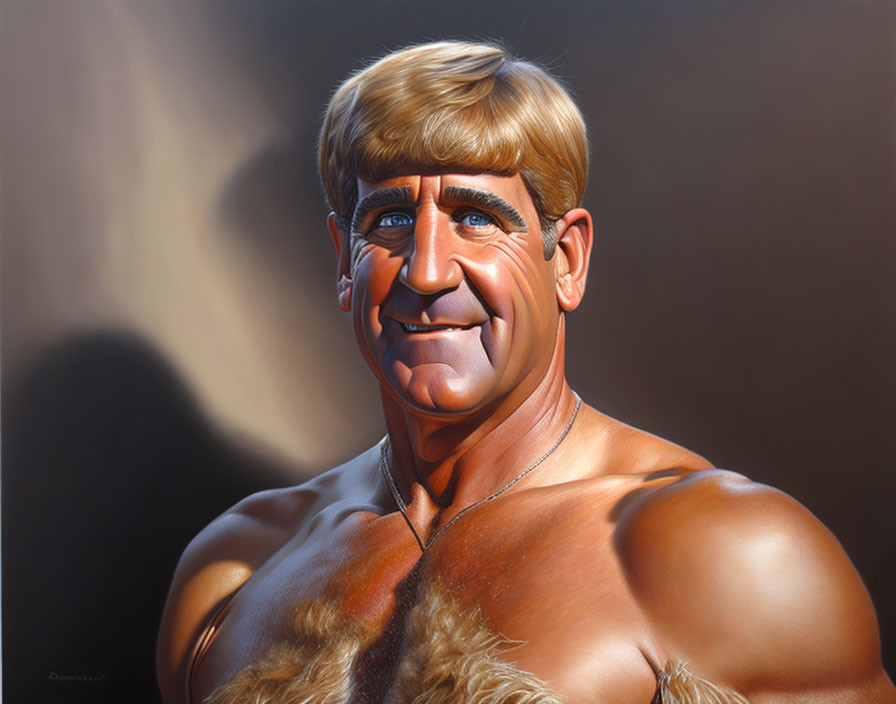 Muscular man with tan skin, blond hair, and friendly smile on dark background