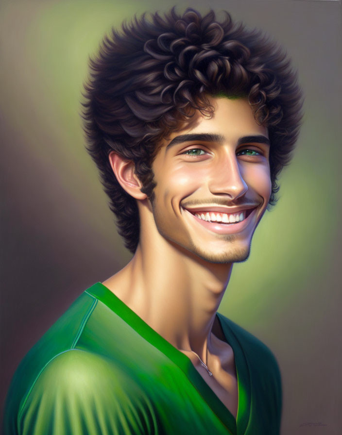 Smiling young man with curly hair in green shirt digital painting