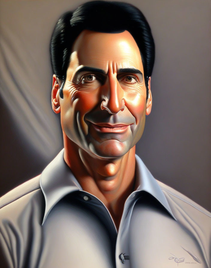 Smiling man caricature with prominent chin on brown background