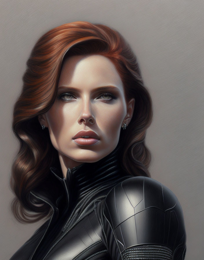 Portrait of Woman with Auburn Hair and Blue Eyes in Black Suit