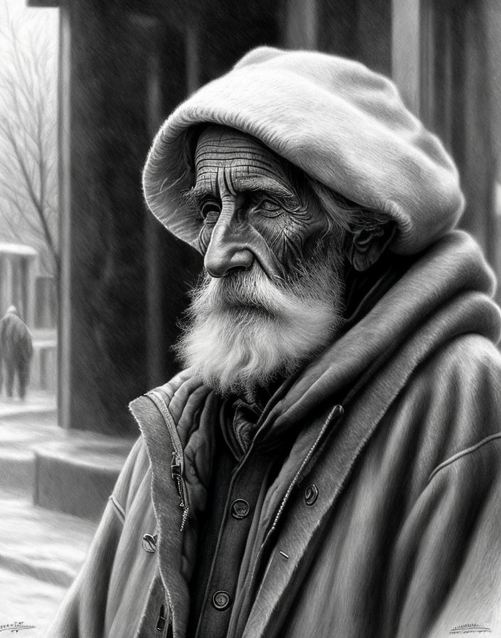 Monochrome illustration of elderly man in hooded cloak and jacket