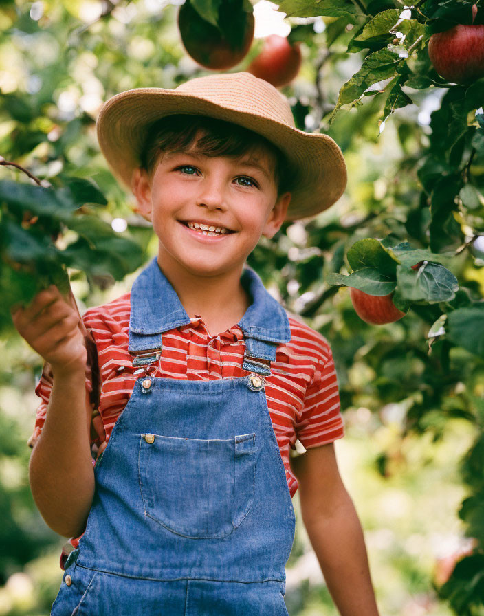 Young boy picking apples 