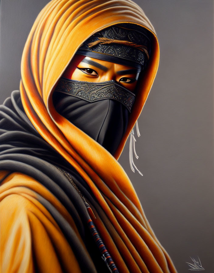 Vibrant orange cloak with black niqab and intricate eye patterns