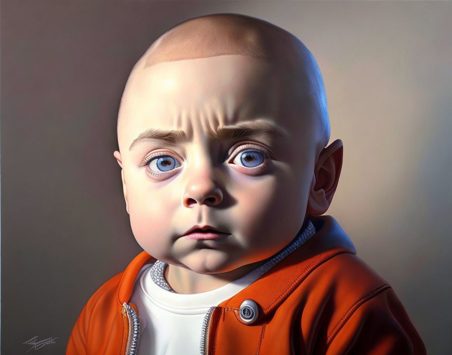 Digital artwork of a baby with exaggerated features and large blue eyes wearing a red-orange jacket